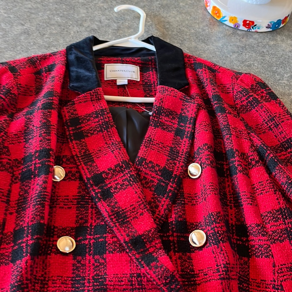 Women’s blazer, red and black plaid with gold buttons